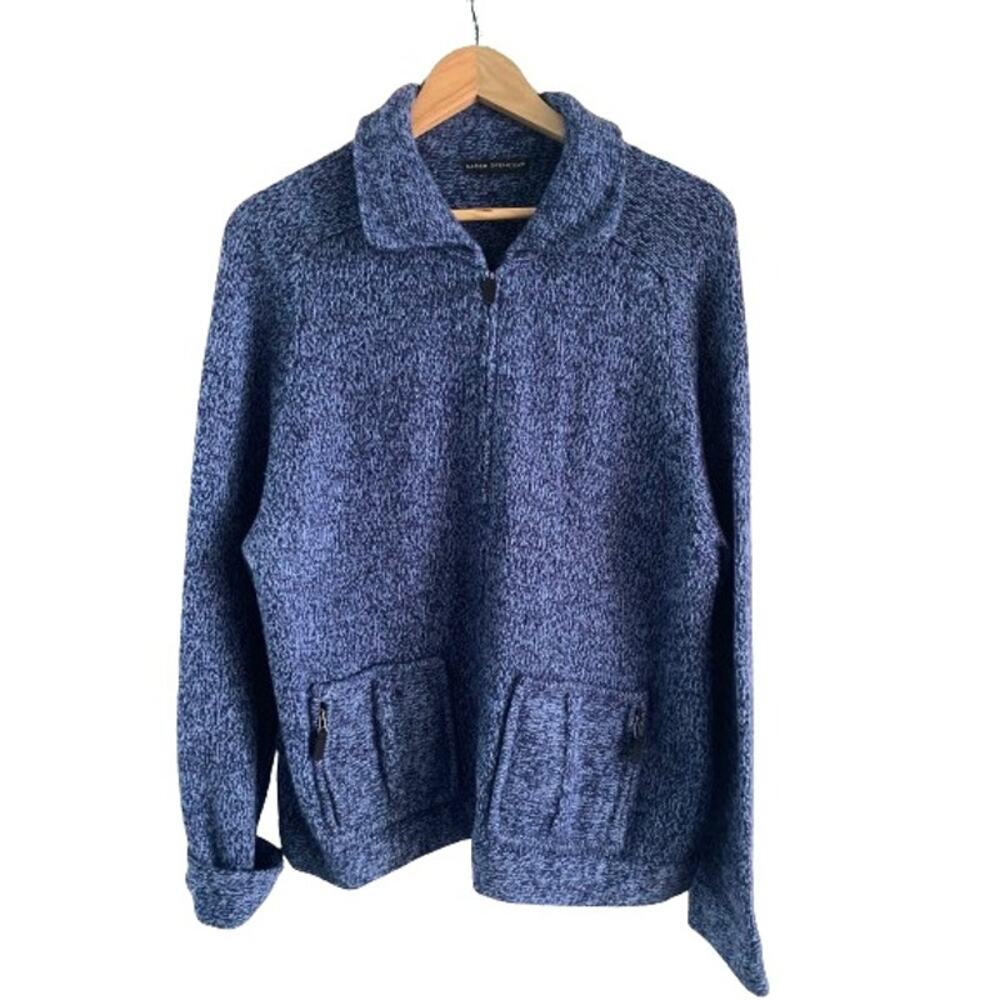 Sarah Spencer Blue‎ Classic Tweed Knit Full Zipper Cardigan Sweater Sz L/XL